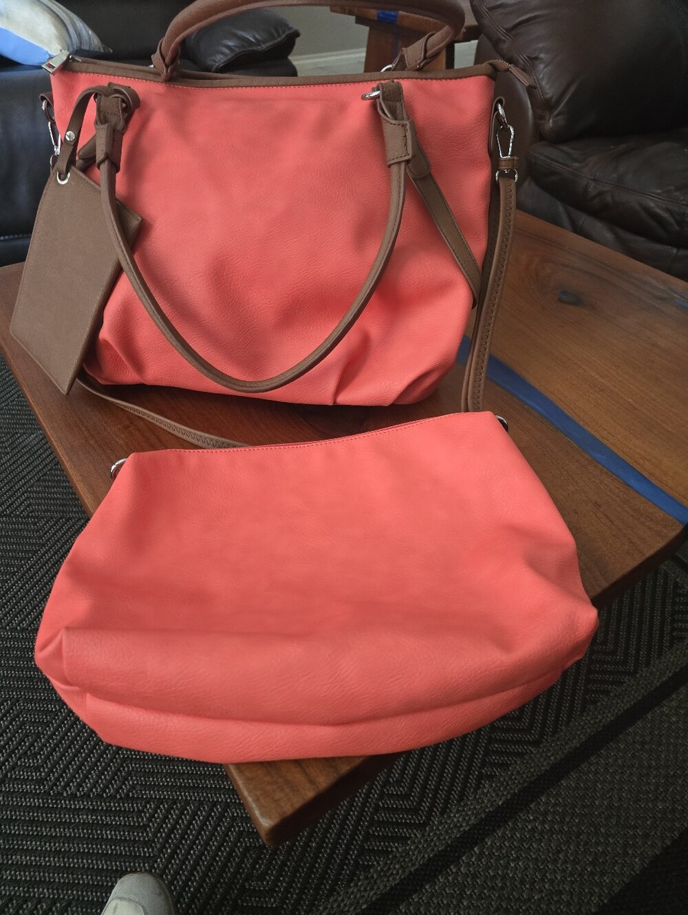 Coral Pink Shoulder Bag & Brown Trim - Classic Everyday Tote 3 In 1 Black Rivet - Picture 11 of 16